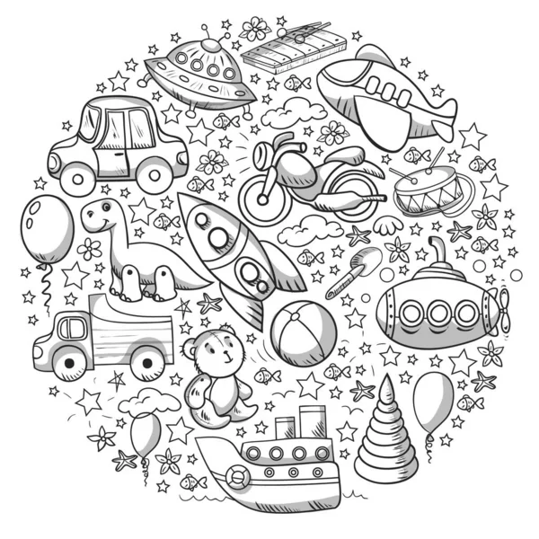 Oyuncak seti. Vektör düz çizgi film çizimi. Tahta ve plastik oyuncaklar, eğlence ve aktivite. Anaokulu, kreş..