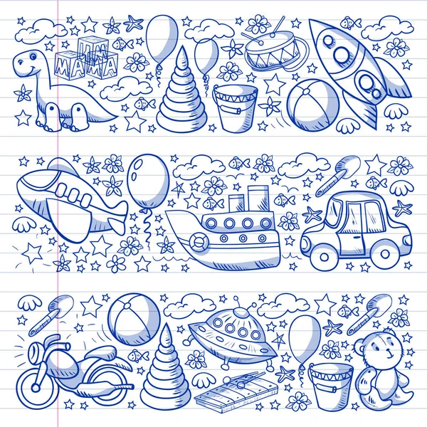 Oyuncak seti. Vektör düz çizgi film çizimi. Tahta ve plastik oyuncaklar, eğlence ve aktivite. Anaokulu, kreş..