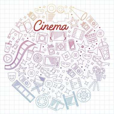 Sinema, video. Vektör simgelerinin karalama kümesi. Megafon, kamera, film. Müzikal tiyatro, girişken.