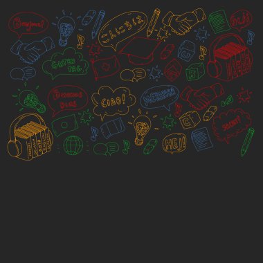 Çevrimiçi dil okulu. Farklı dillerde merhabalaşma deseni. İspanyolca, Arapça, Çince, Japonca, Fransızca, İngilizce, İtalyanca yardım..