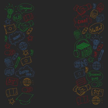 Çevrimiçi dil okulu. Farklı dillerde merhabalaşma deseni. İspanyolca, Arapça, Çince, Japonca, Fransızca, İngilizce, İtalyanca yardım..