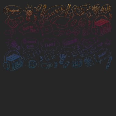 Çevrimiçi dil okulu. Farklı dillerde merhabalaşma deseni. İspanyolca, Arapça, Çince, Japonca, Fransızca, İngilizce, İtalyanca yardım..