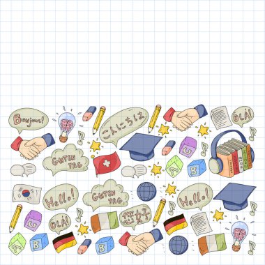 Çevrimiçi dil okulu. Farklı dillerde merhabalaşma deseni. İspanyolca, Arapça, Çince, Japonca, Fransızca, İngilizce, İtalyanca yardım..