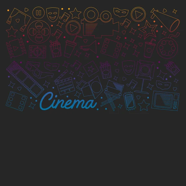 Cine, video. Doodle conjunto de iconos vectoriales. Megáfono, cámara, película. Teatro musical, entretenimiento.. — Vector de stock