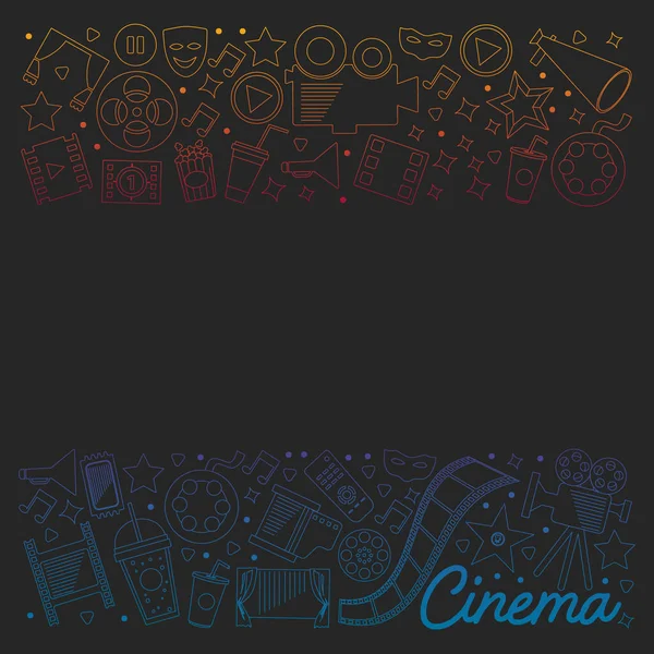 Cinema, vídeo. Doodle conjunto de ícones vetoriais. Megafone, câmara, filme. Theathre musical, entertaiment. —  Vetores de Stock