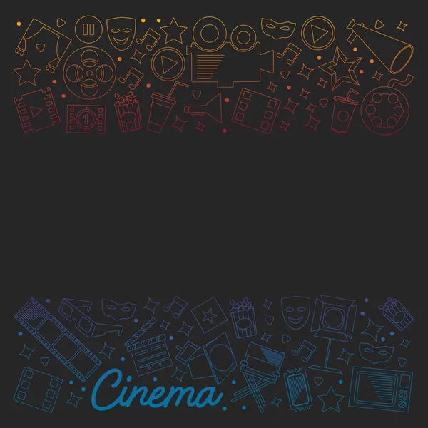 Cinéma, vidéo. Doodle ensemble d'icônes vectorielles. Mégaphone, caméra, film. Théâtre musical, arts de la scène. — Image vectorielle