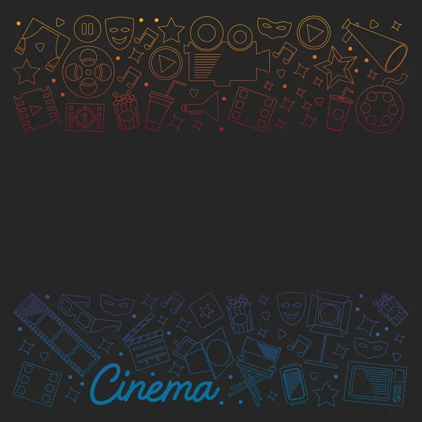 Cine, video. Doodle conjunto de iconos vectoriales. Megáfono, cámara, película. Teatro musical, entretenimiento.. — Vector de stock