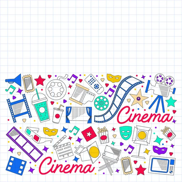 Cinema, video. Doodle set of vector icons. Megaphone, camera, movie. Musical theathre, entertaiment. — Stock Vector