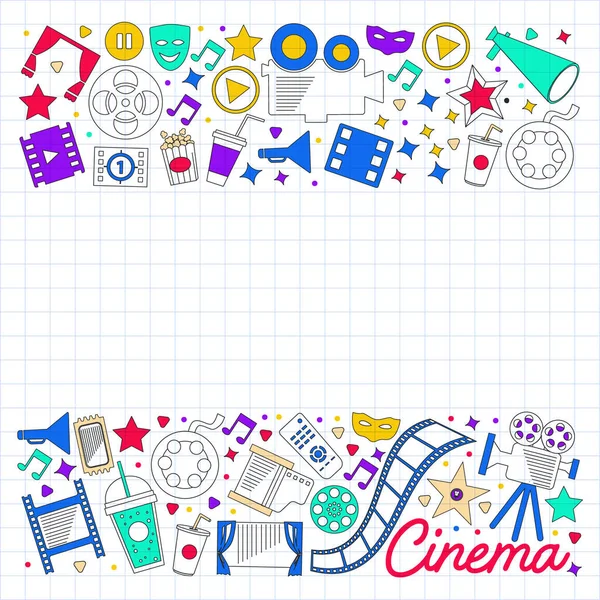 Cine, video. Doodle conjunto de iconos vectoriales. Megáfono, cámara, película. Teatro musical, entretenimiento.. — Archivo Imágenes Vectoriales