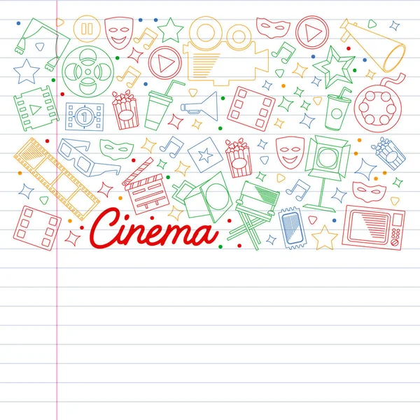 Cine, video. Doodle conjunto de iconos vectoriales. Megáfono, cámara, película. Teatro musical, entretenimiento.. — Archivo Imágenes Vectoriales