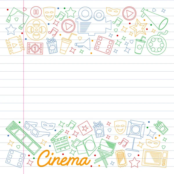 Cine, video. Doodle conjunto de iconos vectoriales. Megáfono, cámara, película. Teatro musical, entretenimiento.. — Vector de stock