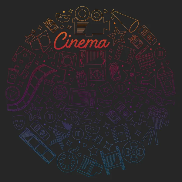 Cinema, vídeo. Doodle conjunto de ícones vetoriais. Megafone, câmara, filme. Theathre musical, entertaiment. — Vetor de Stock