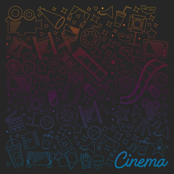 Cinema, vídeo. Doodle conjunto de ícones vetoriais. Megafone, câmara, filme. Theathre musical, entertaiment. —  Vetores de Stock