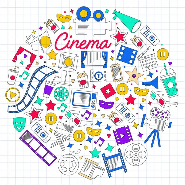 Cine, video. Doodle conjunto de iconos vectoriales. Megáfono, cámara, película. Teatro musical, entretenimiento.. — Archivo Imágenes Vectoriales