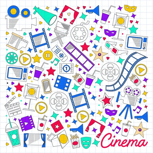 Cinema, vídeo. Doodle conjunto de ícones vetoriais. Megafone, câmara, filme. Theathre musical, entertaiment. — Vetor de Stock