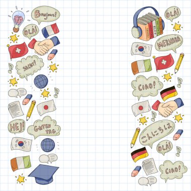Çevrimiçi dil okulu. Farklı dillerde merhabalaşma deseni. İspanyolca, Arapça, Çince, Japonca, Fransızca, İngilizce, İtalyanca yardım..
