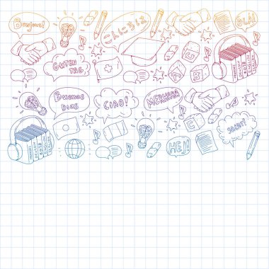 Vektör simgeleri. Dil öğrenme. Ses kursu. İspanyolca, İngilizce, İtalyanca, Fransızca, Almanca, Arapça, Çince.