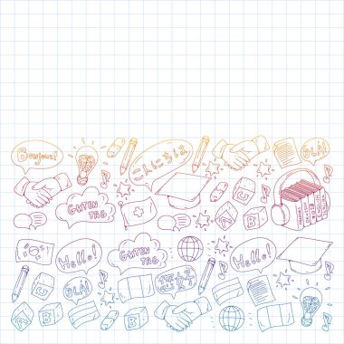 Vektör simgeleri. Dil öğrenme. Ses kursu. İspanyolca, İngilizce, İtalyanca, Fransızca, Almanca, Arapça, Çince.