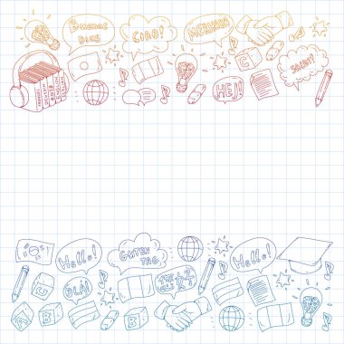 Vektör simgeleri. Dil öğrenme. Ses kursu. İspanyolca, İngilizce, İtalyanca, Fransızca, Almanca, Arapça, Çince.