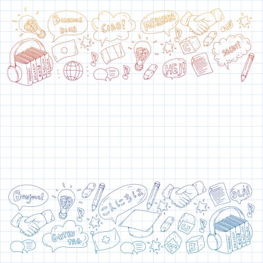 Vektör simgeleri. Dil öğrenme. Ses kursu. İspanyolca, İngilizce, İtalyanca, Fransızca, Almanca, Arapça, Çince.