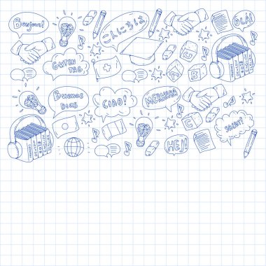 Çevrimiçi dil okulu. Farklı dillerde merhabalaşma deseni. İspanyolca, Arapça, Çince, Japonca, Fransızca, İngilizce, İtalyanca yardım..