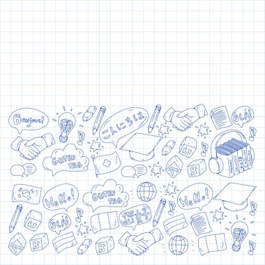 Çevrimiçi dil okulu. Farklı dillerde merhabalaşma deseni. İspanyolca, Arapça, Çince, Japonca, Fransızca, İngilizce, İtalyanca yardım..