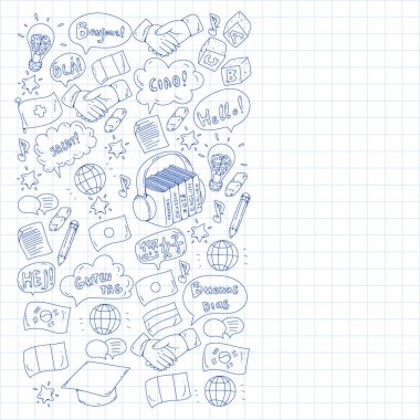 Çevrimiçi dil okulu. Farklı dillerde merhabalaşma deseni. İspanyolca, Arapça, Çince, Japonca, Fransızca, İngilizce, İtalyanca yardım..