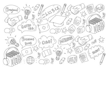 Çevrimiçi dil okulu. Farklı dillerde merhabalaşma deseni. İspanyolca, Arapça, Çince, Japonca, Fransızca, İngilizce, İtalyanca yardım..