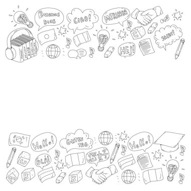 Çevrimiçi dil okulu. Farklı dillerde merhabalaşma deseni. İspanyolca, Arapça, Çince, Japonca, Fransızca, İngilizce, İtalyanca yardım..