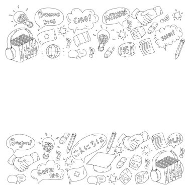 Çevrimiçi dil okulu. Farklı dillerde merhabalaşma deseni. İspanyolca, Arapça, Çince, Japonca, Fransızca, İngilizce, İtalyanca yardım..