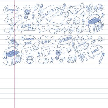 Çevrimiçi dil okulu. Farklı dillerde merhabalaşma deseni. İspanyolca, Arapça, Çince, Japonca, Fransızca, İngilizce, İtalyanca yardım..