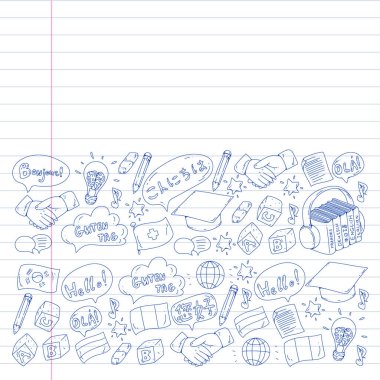 Çevrimiçi dil okulu. Farklı dillerde merhabalaşma deseni. İspanyolca, Arapça, Çince, Japonca, Fransızca, İngilizce, İtalyanca yardım..