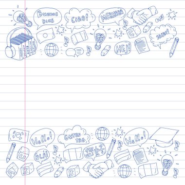 Çevrimiçi dil okulu. Farklı dillerde merhabalaşma deseni. İspanyolca, Arapça, Çince, Japonca, Fransızca, İngilizce, İtalyanca yardım..