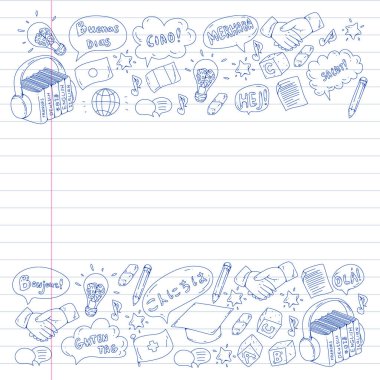 Çevrimiçi dil okulu. Farklı dillerde merhabalaşma deseni. İspanyolca, Arapça, Çince, Japonca, Fransızca, İngilizce, İtalyanca yardım..