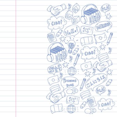 Çevrimiçi dil okulu. Farklı dillerde merhabalaşma deseni. İspanyolca, Arapça, Çince, Japonca, Fransızca, İngilizce, İtalyanca yardım..