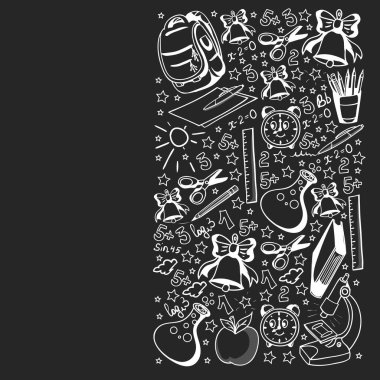 Okul düzeni. Online eğitim. Vektör karalama tarzı simgeler. Matematik, astronomi, coğrafya, biyoloji, fizik.