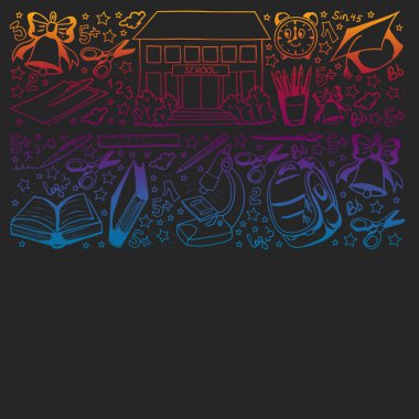 Okul düzeni. Online eğitim. Vektör karalama tarzı simgeler. Matematik, astronomi, coğrafya, biyoloji, fizik.