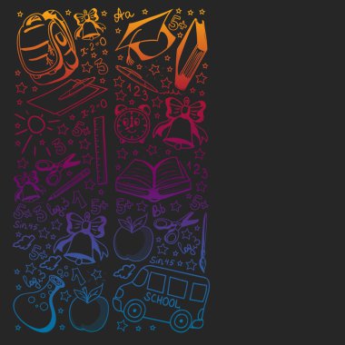 Okul düzeni. Online eğitim. Vektör karalama tarzı simgeler. Matematik, astronomi, coğrafya, biyoloji, fizik.