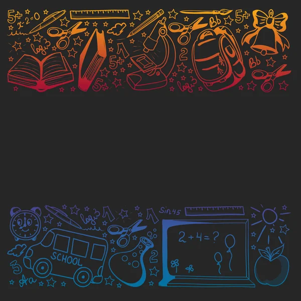 School pattern. Online education. Vector doodle style icons. Mathematis, astronomy, geography, biology, physics. — Stock Vector