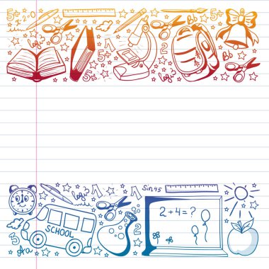 Okul düzeni. Online eğitim. Vektör karalama tarzı simgeler. Matematik, astronomi, coğrafya, biyoloji, fizik.