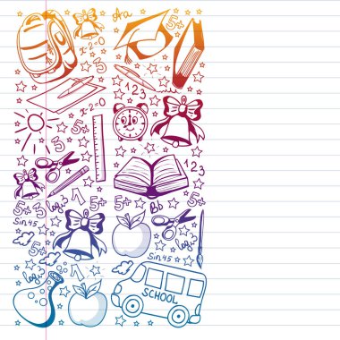 Okul düzeni. Online eğitim. Vektör karalama tarzı simgeler. Matematik, astronomi, coğrafya, biyoloji, fizik.