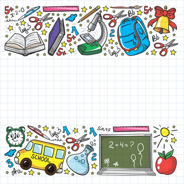 Patrón escolar. Educación en línea. Iconos de estilo doodle vectorial. Mathematis, astronomía, geografía, biología, física . — Vector de stock
