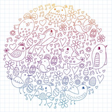 Desen çocuk kumaş, tekstil, kreş duvar kağıdı. Vektör Illustration. Küçük çocuklar için el çizilmiş şarkı kuşlar ve çiçekler.