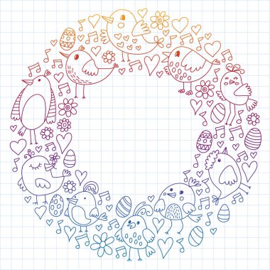 Desen çocuk kumaş, tekstil, kreş duvar kağıdı. Vektör Illustration. Küçük çocuklar için el çizilmiş şarkı kuşlar ve çiçekler.