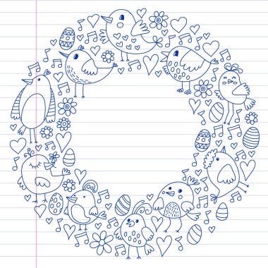 Desen çocuk kumaş, tekstil, kreş duvar kağıdı. Vektör Illustration. Küçük çocuklar için el çizilmiş şarkı kuşlar ve çiçekler.