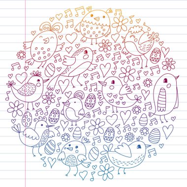 Desen çocuk kumaş, tekstil, kreş duvar kağıdı. Vektör Illustration. Küçük çocuklar için el çizilmiş şarkı kuşlar ve çiçekler.