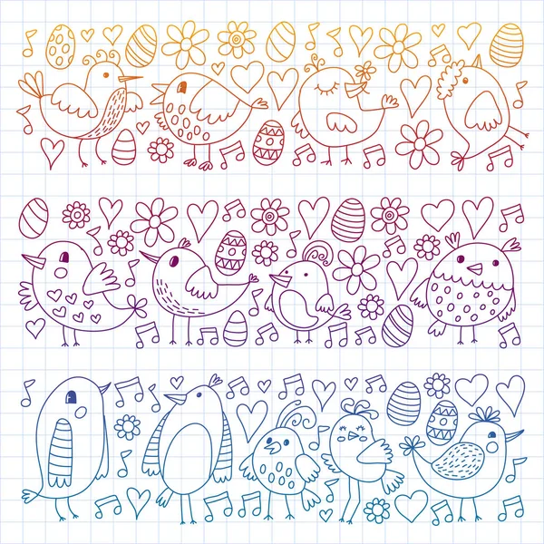 Vzorek děti, textilie, tapeta. Vektorová ilustrace. Ručně kreslené zpívající ptáci a květiny pro malé děti. — Stockový vektor