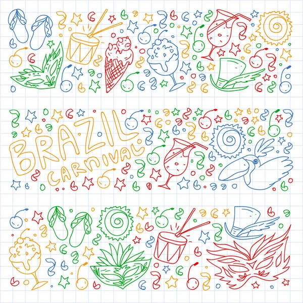Patrón vector brasileño con palmera, playa, mar, carnaval. Iconos de Brasil para carteles y pancartas . — Archivo Imágenes Vectoriales