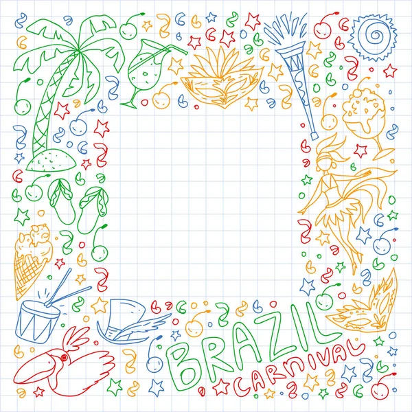 Patrón vector brasileño con palmera, playa, mar, carnaval. Iconos de Brasil para carteles y pancartas . — Archivo Imágenes Vectoriales