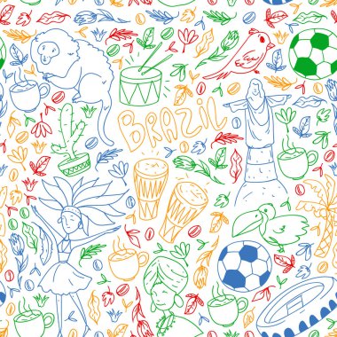 Brezilya. Brezilya simgeleri ve sembolleriyle vektör deseni. Seyahat ve şenlik.